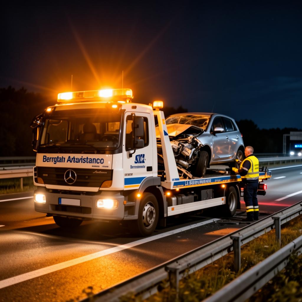 Pannenhilfe auf der Autobahn bei Nacht
